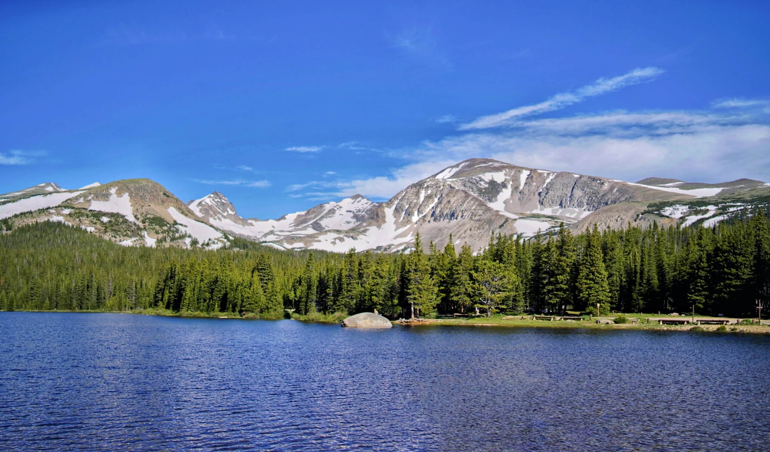 The snow covered Continental Divide towering above Brainard Lake in Colorado