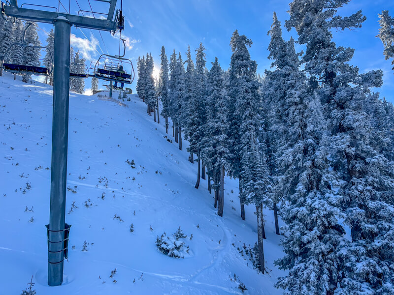 A person riding a ski lift in the early morning with a fresh layer of snow covering the ground and the trees. 